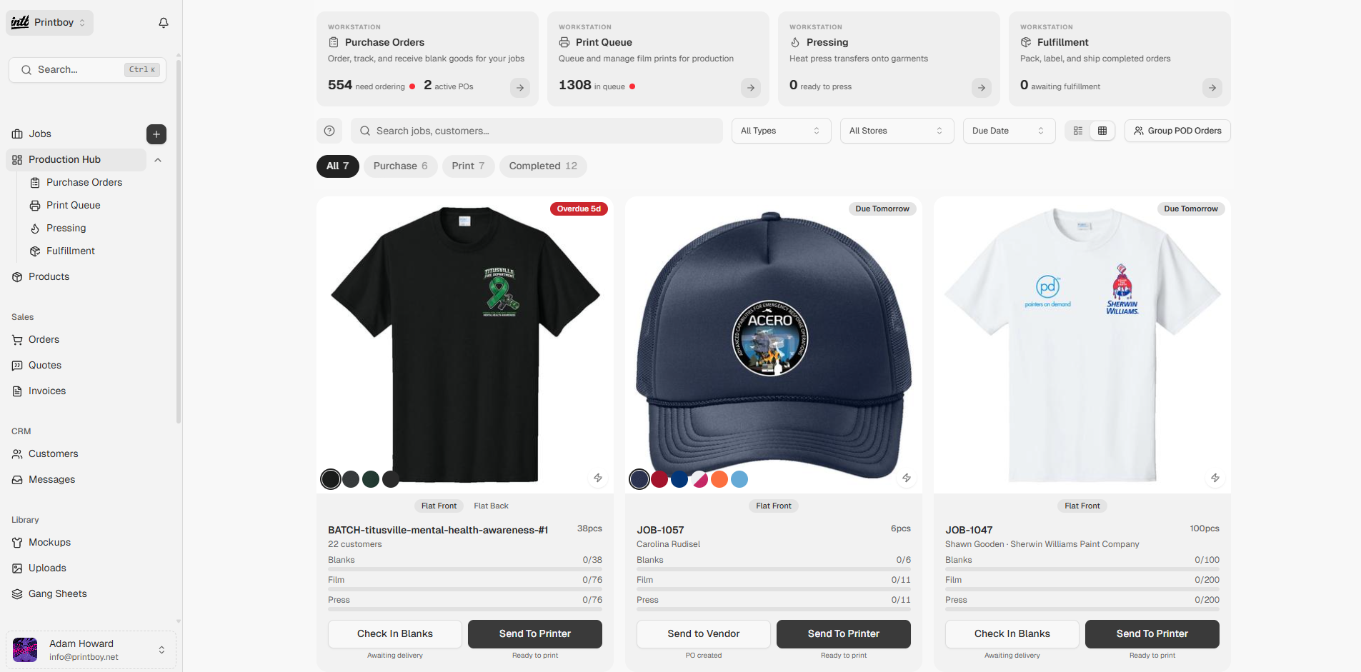 The PressOS production Hub showing live orders, workstation stats, POD batches, and mockup thumbnails