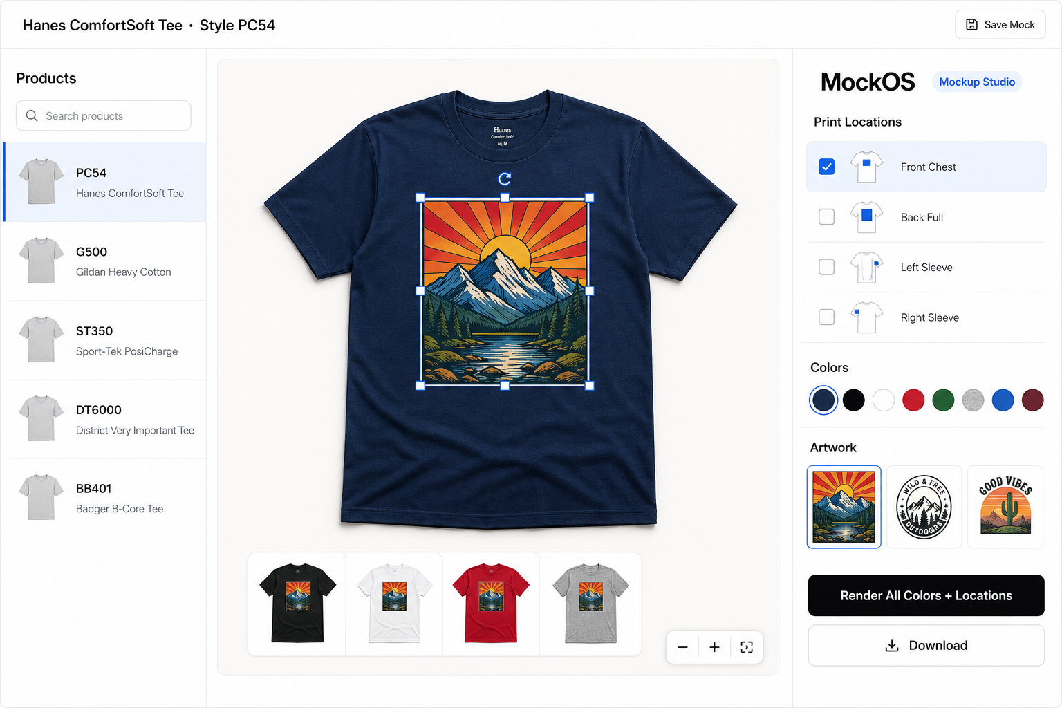 The MockOS builder: a navy SanMar tee with a colorful chest design, color variant strip showing the same design rendered on black, white, red, and athletic gray, the right panel listing print locations (Front Chest active, Back Full, Left Sleeve, Right Sleeve), color swatches, an artwork library, and a 'Render All Colors + Locations' button