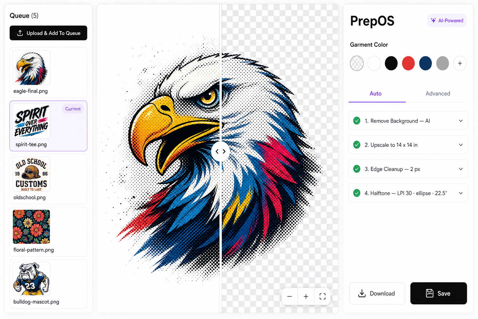 The PrepOS studio in the browser: a queue of pending artwork on the left, the canvas in the middle showing a colorful eagle design with a vertical comparison slider revealing the AI-cleaned, halftoned, transparent-background version, and the right panel showing the auto pipeline (background removal, upscale to 14x14, edge cleanup, halftone LPI 30 ellipse 22.5°) with Garment Color picker and docked Save / Download buttons
